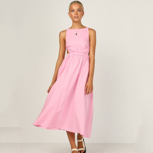 Eleganta Damklänningar A-Linje Midi Klänning med Fyrkantig Halsringning – Ärmlös Polyester Klänning för Fest och Vardag 15