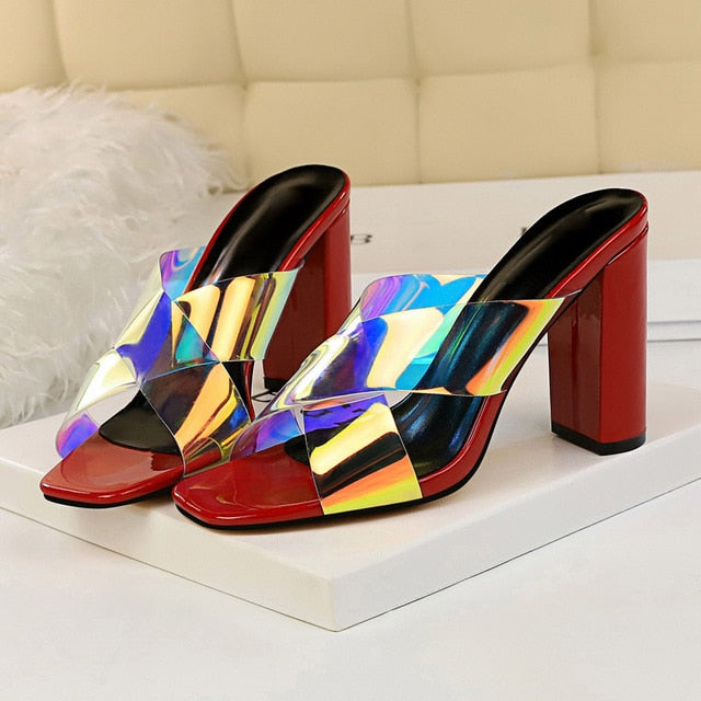 Variant image for Dam Peep Toe Slipper Hologram Fyrkantig Klack PU-gummi-3