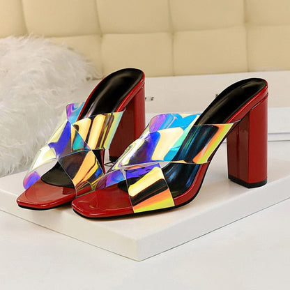 Variant image for Dam Peep Toe Slipper Hologram Fyrkantig Klack PU-gummi-3