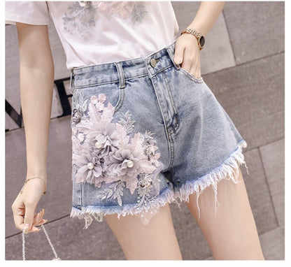 Variant image for Dam Jeansshorts Hög Midja Blommig Dekoration Bomull-16