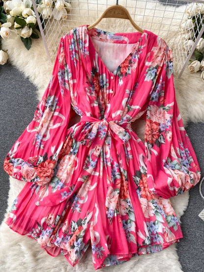 Blommig Dam Overall med Långärmad V-Ringning i Mjuk Polyester – Hög Midja och Lös Passform 11