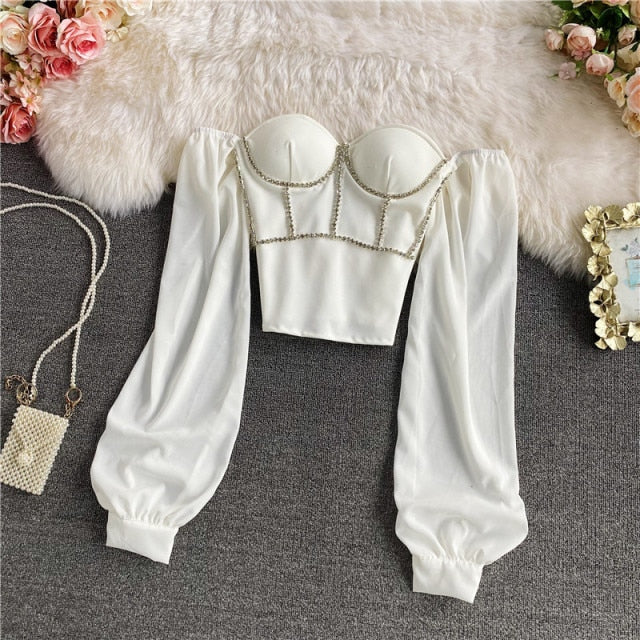 Festtoppar Dam Puffärmar Broderad Polyester-6