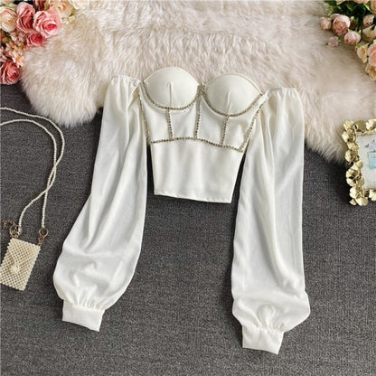 Festtoppar Dam Puffärmar Broderad Polyester-6