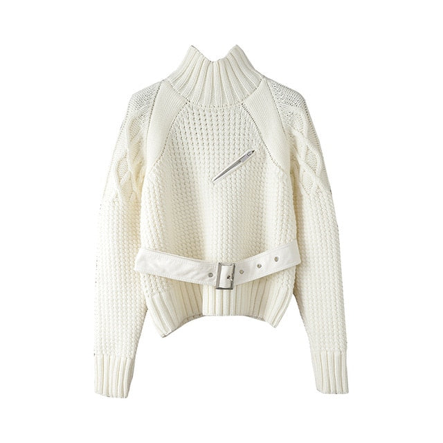 Stickad Dam Tröja med Rollkrage och Blixtlås i Bomull och Polyester – Monokrom Design för Vardag och Fest 7