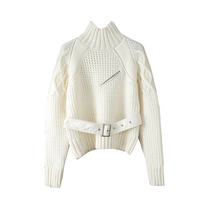 Stickad Dam Tröja med Rollkrage och Blixtlås i Bomull och Polyester – Monokrom Design för Vardag och Fest 7