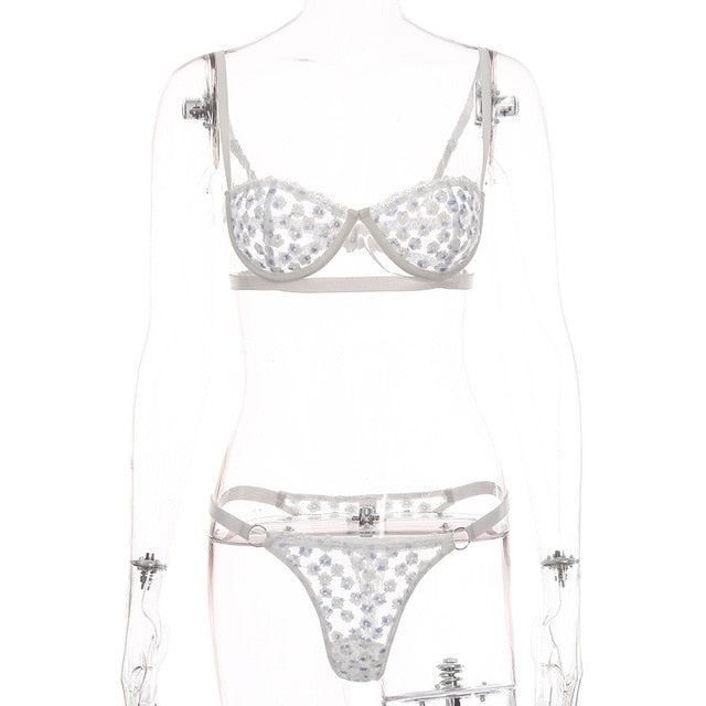 Damunderkläder Set Blommönster Polyester Spandex med Justerbara Axelband-1