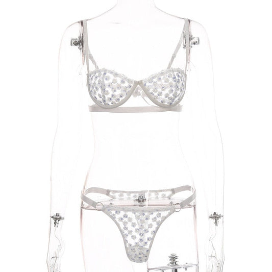 Damunderkläder Set Blommönster Polyester Spandex med Justerbara Axelband-1