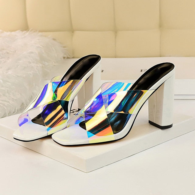 Variant image for Dam Peep Toe Slipper Hologram Fyrkantig Klack PU-gummi-4