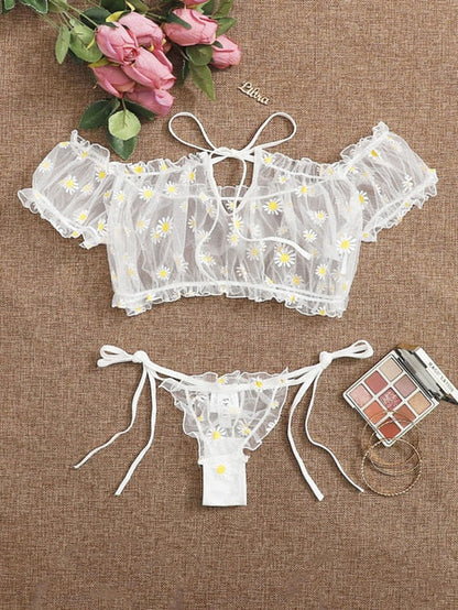 Damunderkläder Set Blommönster Polyester med Snörningsdetaljer och Broderi 8