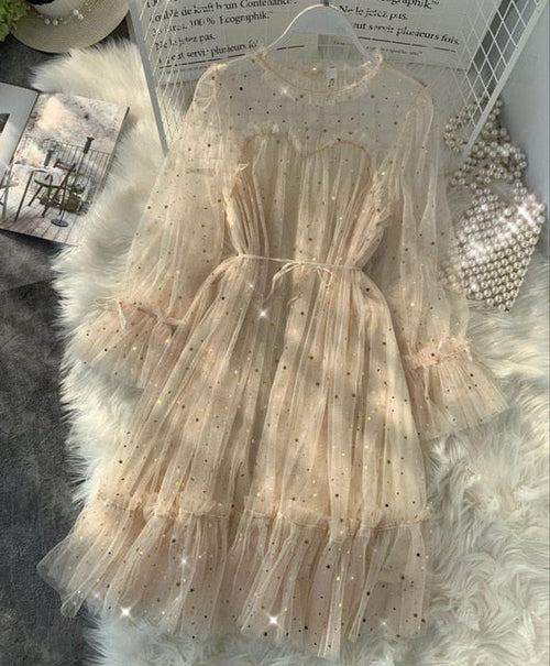 Dam Midi Klänning med Paljetter och Transparent Halsringning för Fina Tillfällen-1