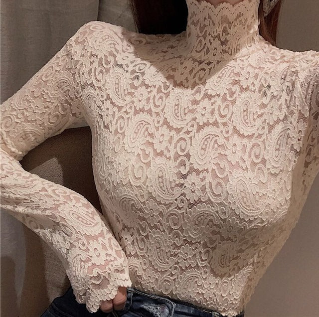 Kvinnors Turtleneck Top Spetsmönster Polyester Spandex-6