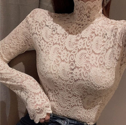 Kvinnors Turtleneck Top Spetsmönster Polyester Spandex-6