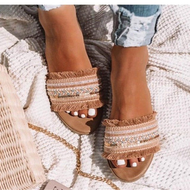 Variant image for Dam Sandaler Etnisk Stil PU Gummi Platta Sula med Fransdetaljer-1