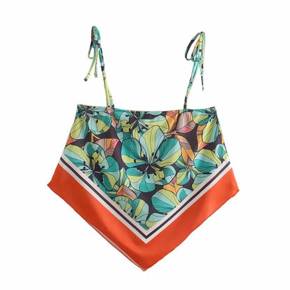 Dam Spaghetti Top med Blommönster i Vävt Polyester – Kort Längd och Vintage Design för Elegant Sommarstil 6