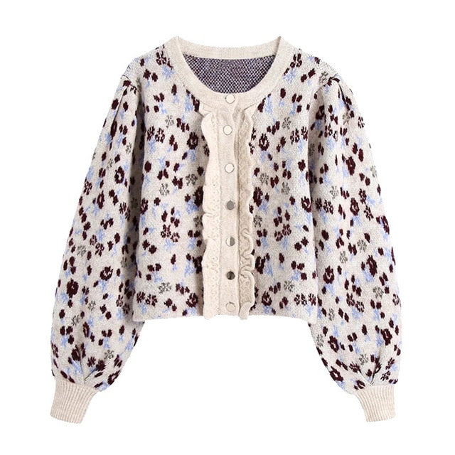 Dam Tröja Blommig Rundhals Polyester med Rufsade Accenter-1