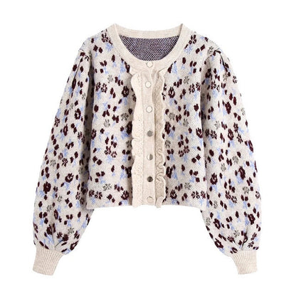 Dam Tröja Blommig Rundhals Polyester med Rufsade Accenter-1