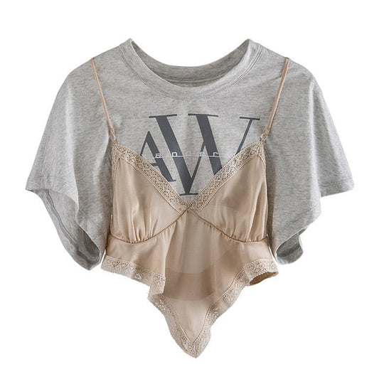 Dam T-Shirt Kortärmad Patchwork Bomull Polyester-1