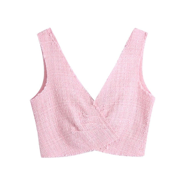 Dam Tank Top V-ringning Rynkad Polyester-1