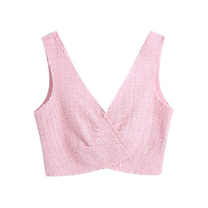 Dam Tank Top V-ringning Rynkad Polyester-1