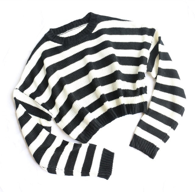 Dam Kort Randig Tröja Rund Halsringning Akryl-1