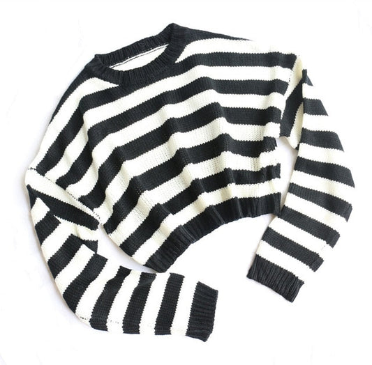 Dam Kort Randig Tröja Rund Halsringning Akryl-1