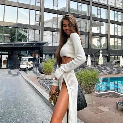 Dam Midi Kjol Hög Slits Långärmad Topp Bomull Spandex-1