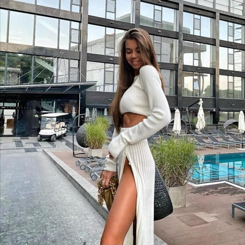 Dam Midi Kjol Hög Slits Långärmad Topp Bomull Spandex-1