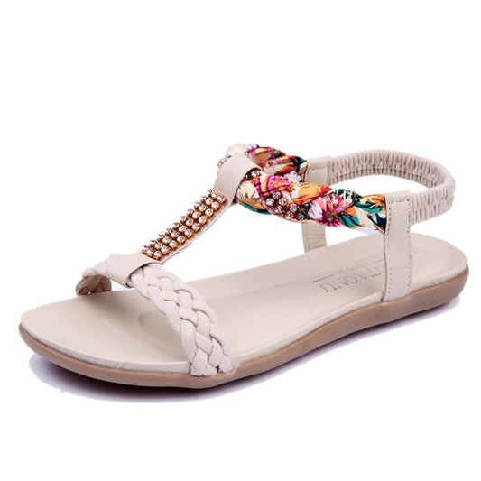 Damsandaler T-Strap Blommor Rhinestones Bomull 1