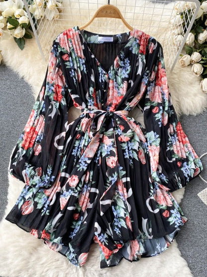 Blommig Dam Overall med Långärmad V-Ringning i Mjuk Polyester – Hög Midja och Lös Passform 8