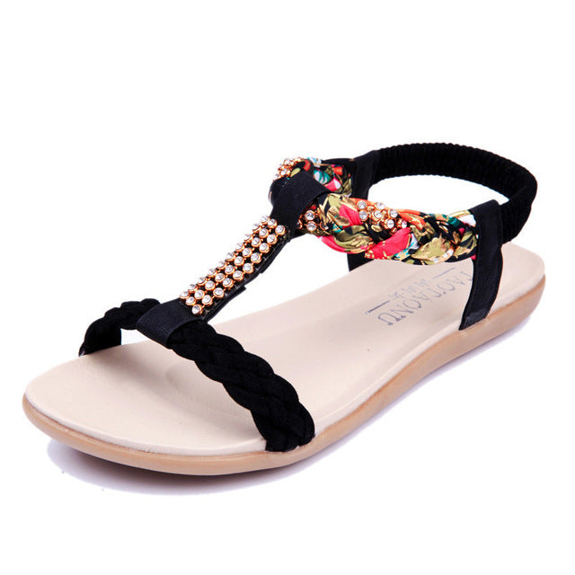Damsandaler T-Strap Blommor Rhinestones Bomull 8