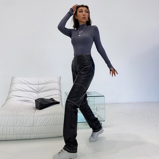 Variant image for Snygga Byxor Dam Hög Midja PU med Zip-Detaljer-1