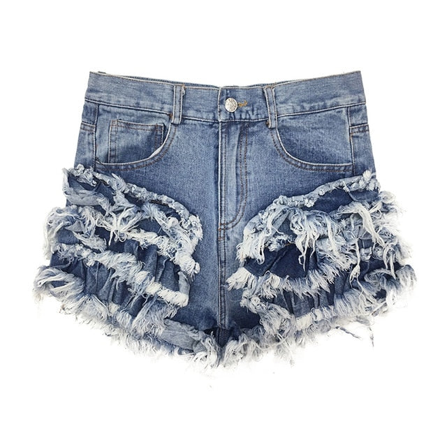 Variant image for Dam Jeansshorts med Ruffles och Trasiga Detaljer i Denim-1