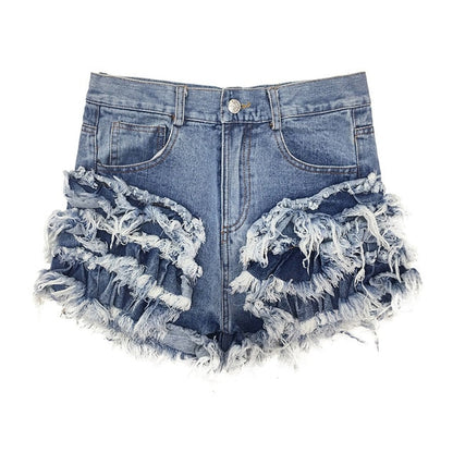 Variant image for Dam Jeansshorts med Ruffles och Trasiga Detaljer i Denim-1