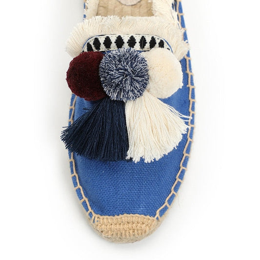Dam Sandaler Slip-On Hampa med Tofsar och Puffbollar-1