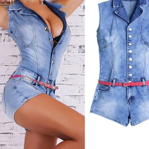 Dam Overall i Denim med Omringbar Krage och Knappstängning-1