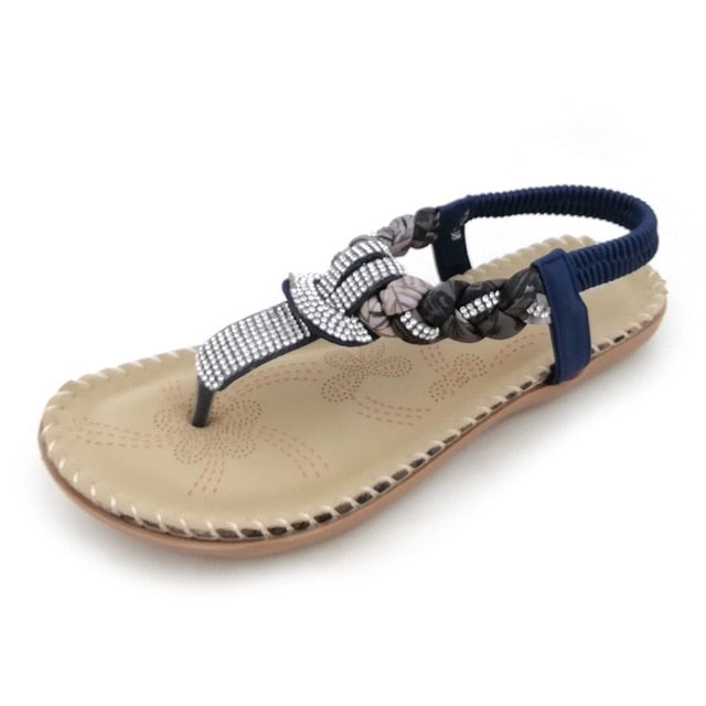 Boho Sandaler Dam T-strap med Strassdetaljer – PU-läder, Platta, Öppen Tå, Elastiska Band 12