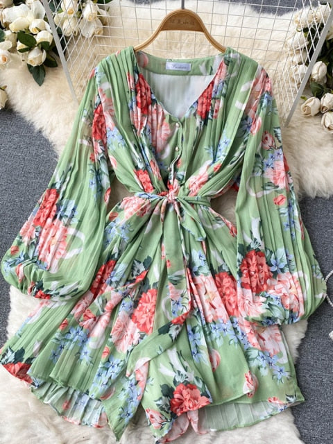 Blommig Dam Overall med Långärmad V-Ringning i Mjuk Polyester – Hög Midja och Lös Passform 7