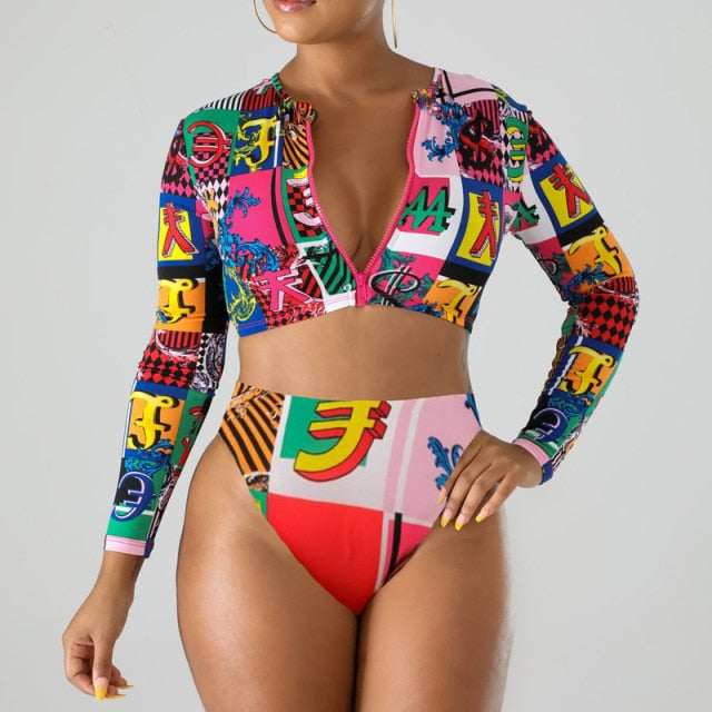 Variant image for Dam Bikini Set Retro Långärmad Polyester Spandex Hög Midja-25