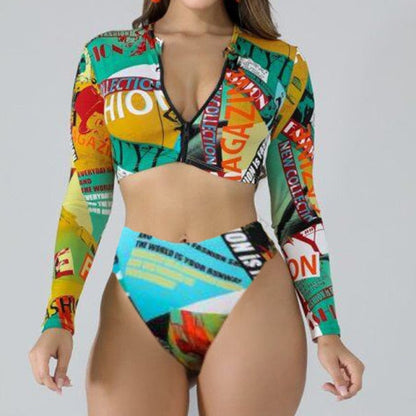 Variant image for Dam Bikini Set Retro Långärmad Polyester Spandex Hög Midja-29