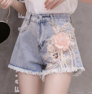 Variant image for Dam Jeansshorts Hög Midja Blommig Dekoration Bomull-10