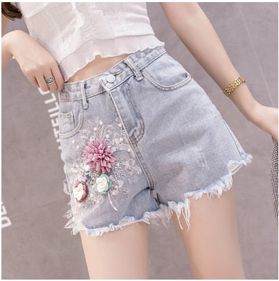 Dam Jeansshorts Hög Midja Blommig Dekoration Bomull-1