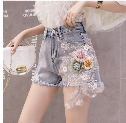 Variant image for Dam Jeansshorts Hög Midja Blommig Dekoration Bomull-5
