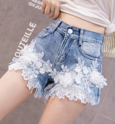 Variant image for Dam Jeansshorts Hög Midja Blommig Dekoration Bomull-6