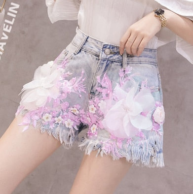 Variant image for Dam Jeansshorts Hög Midja Blommig Dekoration Bomull-7
