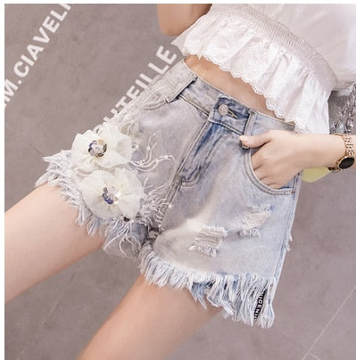 Variant image for Dam Jeansshorts Hög Midja Blommig Dekoration Bomull-8