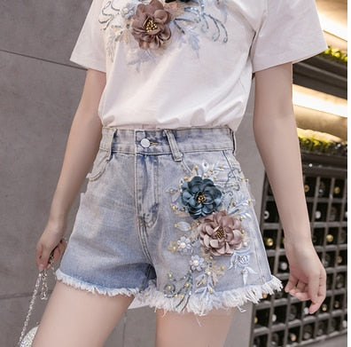 Variant image for Dam Jeansshorts Hög Midja Blommig Dekoration Bomull-9