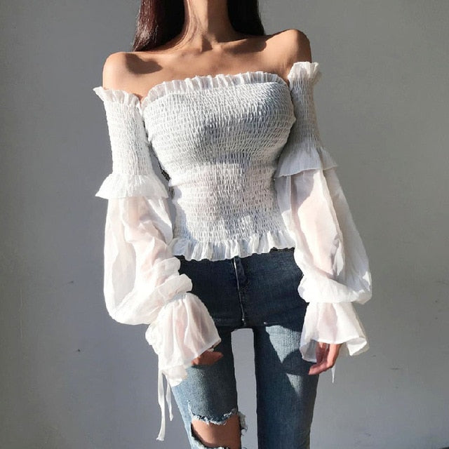 Dam Off-Shoulder Crop Top med Lanternärmar i Polyester för Festtoppar-6