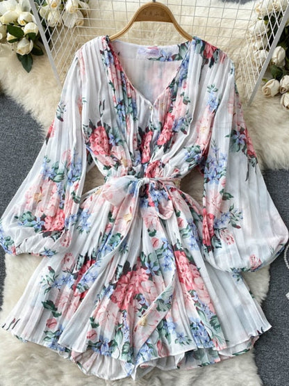 Blommig Dam Overall med Långärmad V-Ringning i Mjuk Polyester – Hög Midja och Lös Passform 10