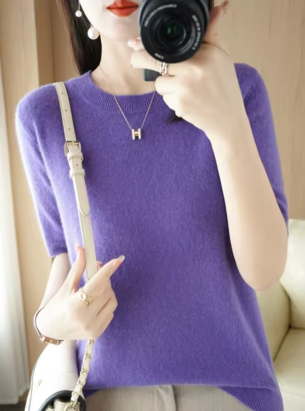 Variant image for Dam Kortärmad Stickad Tröja i Ull och Kashmir, Tidlös Cirkulär Halsringning, Smal Passform-37