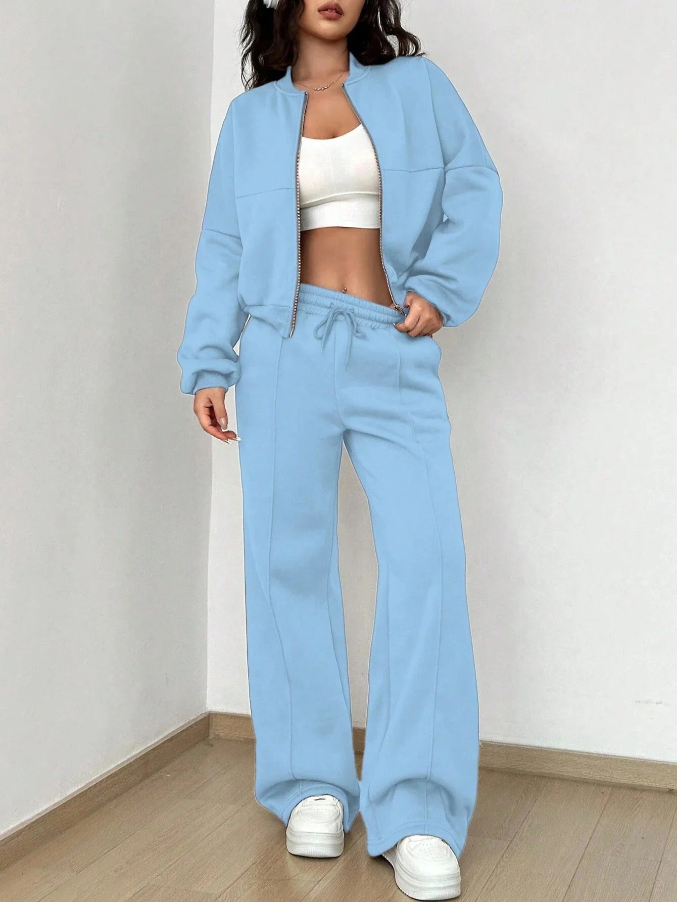 Dam Matchande Set Bomberjacka och Byxor Streetwear Mjukt Material-6